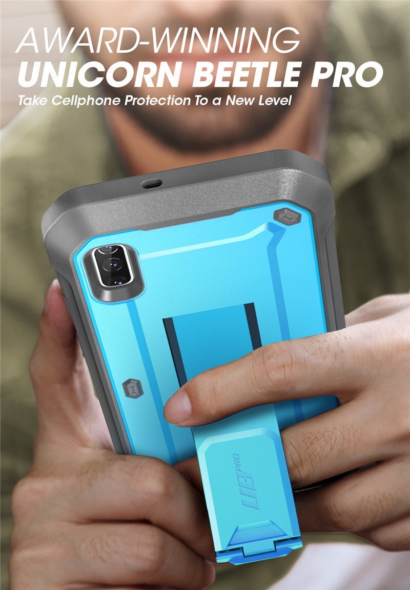 Samsung Galaxy A10e UB Pro Full-Body Rugged Holster Case with built-in screen protector and kickstand in various colors.