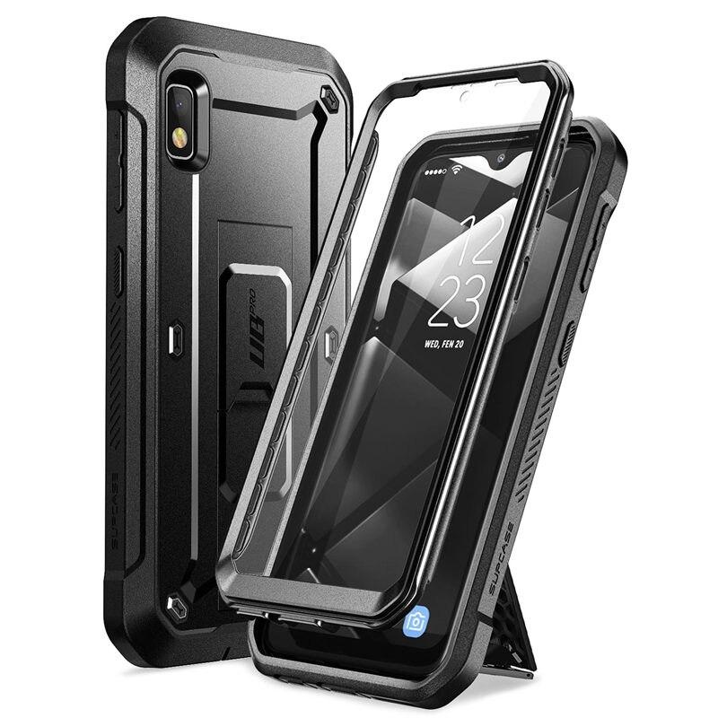 Samsung Galaxy A10e UB Pro Full-Body Rugged Holster Case with built-in screen protector and kickstand in various colors.