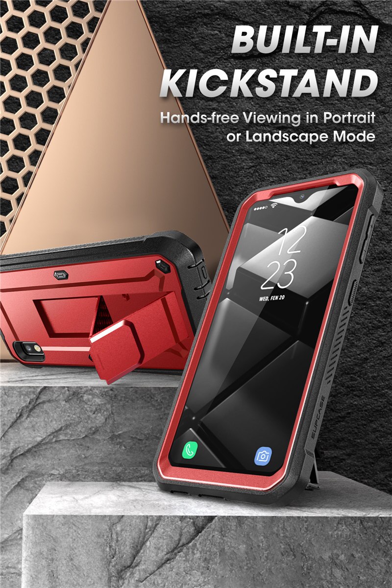 Samsung Galaxy A10e UB Pro Full-Body Rugged Holster Case with built-in screen protector and kickstand in various colors.