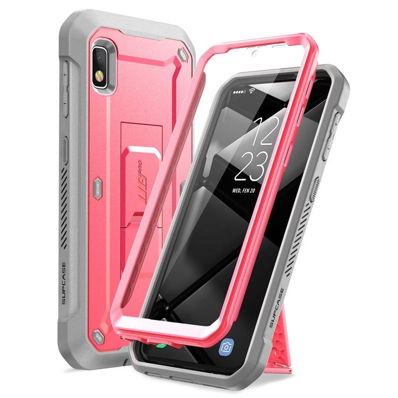 Samsung Galaxy A10e UB Pro Full-Body Rugged Holster Case with built-in screen protector and kickstand in various colors.