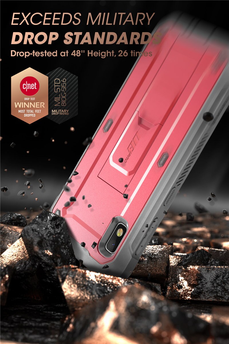 Samsung Galaxy A10e UB Pro Full-Body Rugged Holster Case with built-in screen protector and kickstand in various colors.