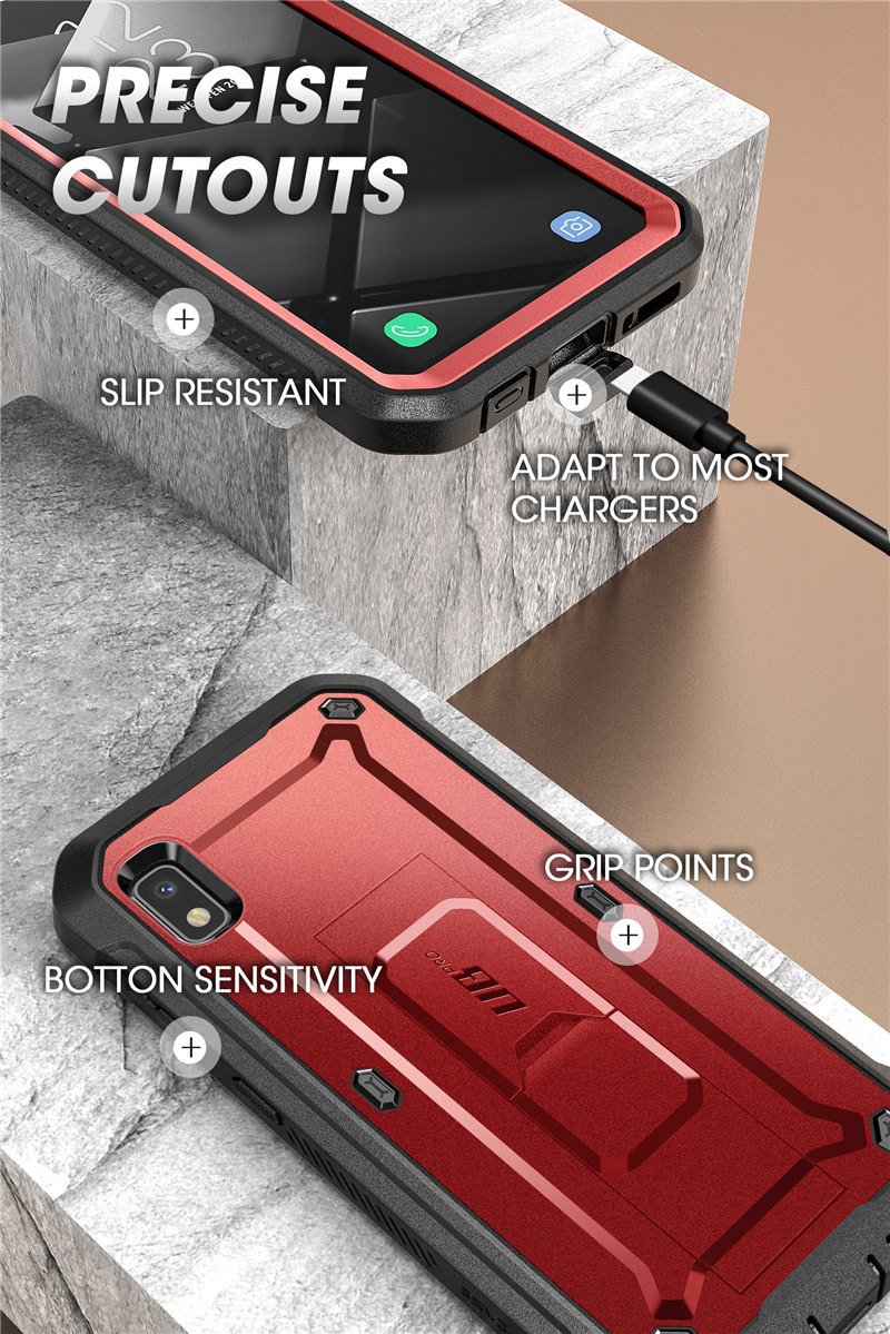 Samsung Galaxy A10e UB Pro Full-Body Rugged Holster Case with built-in screen protector and kickstand in various colors.