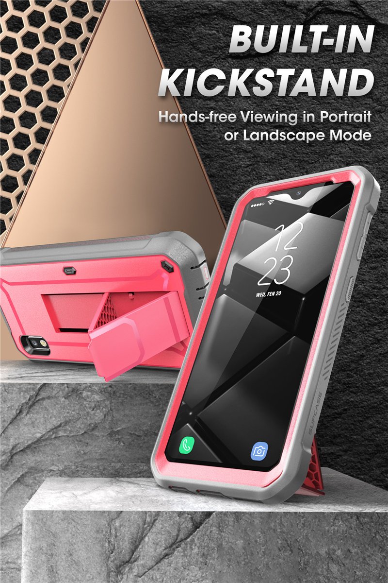 Samsung Galaxy A10e UB Pro Full-Body Rugged Holster Case with built-in screen protector and kickstand in various colors.