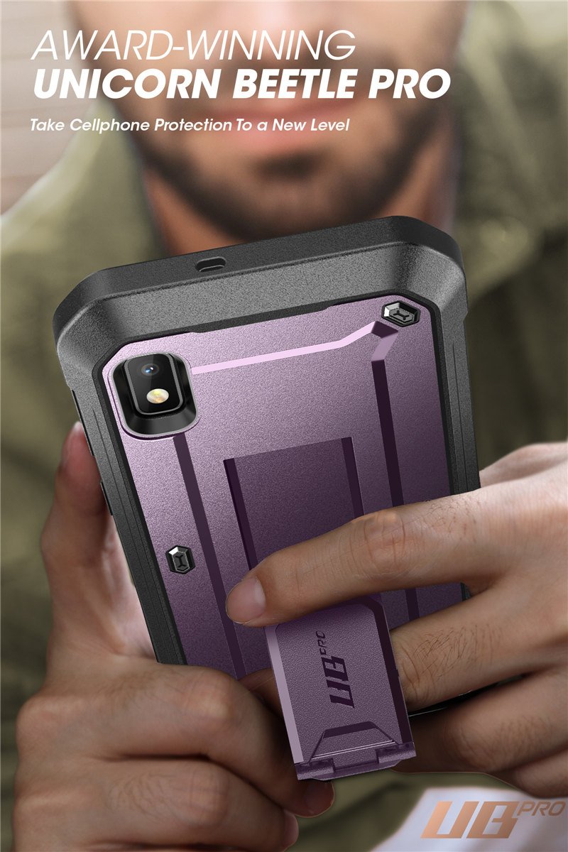Samsung Galaxy A10e UB Pro Full-Body Rugged Holster Case with built-in screen protector and kickstand in various colors.