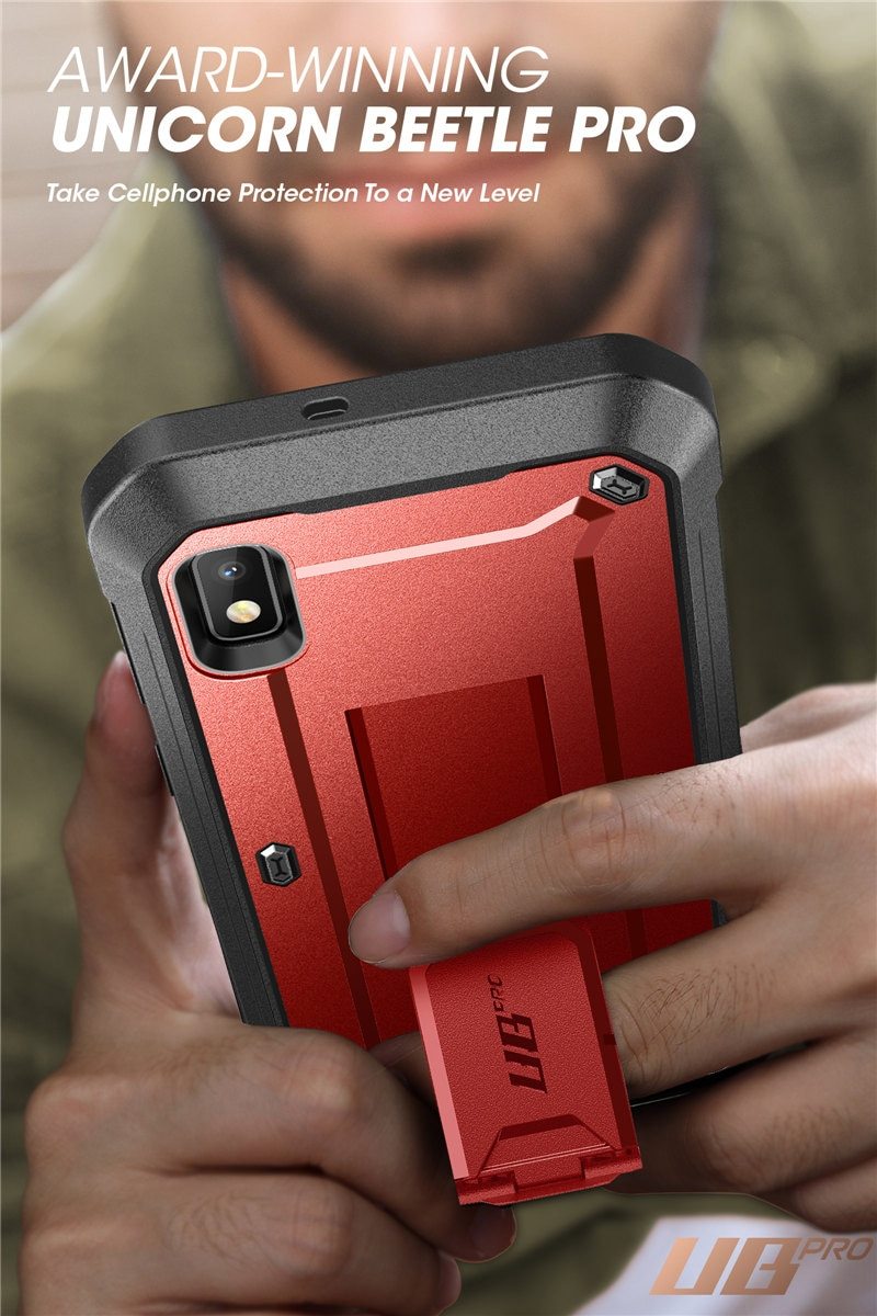 Samsung Galaxy A10e UB Pro Full-Body Rugged Holster Case with built-in screen protector and kickstand in various colors.