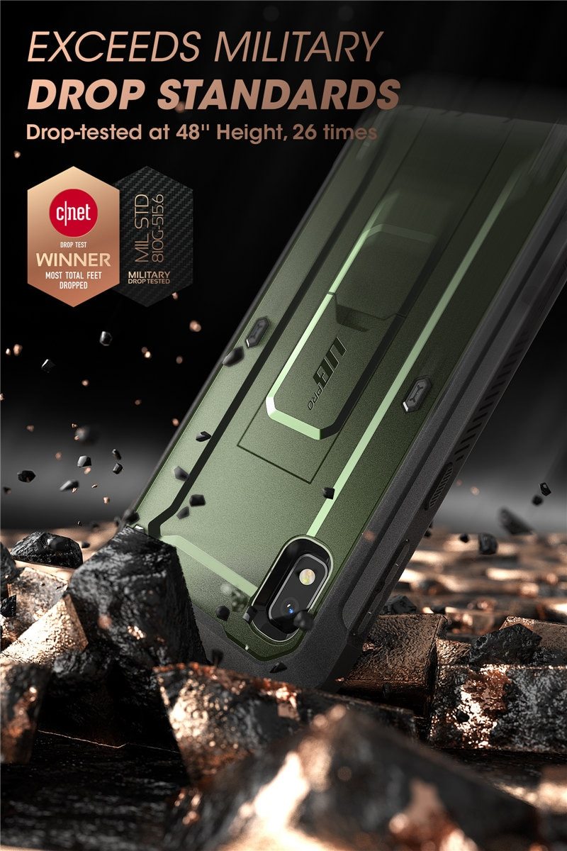 Samsung Galaxy A10e UB Pro Full-Body Rugged Holster Case with built-in screen protector and kickstand in various colors.