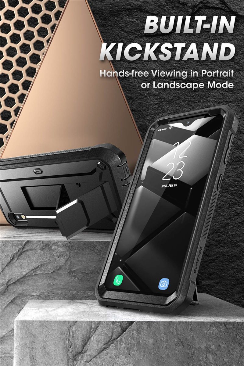Samsung Galaxy A10e UB Pro Full-Body Rugged Holster Case with built-in screen protector and kickstand in various colors.