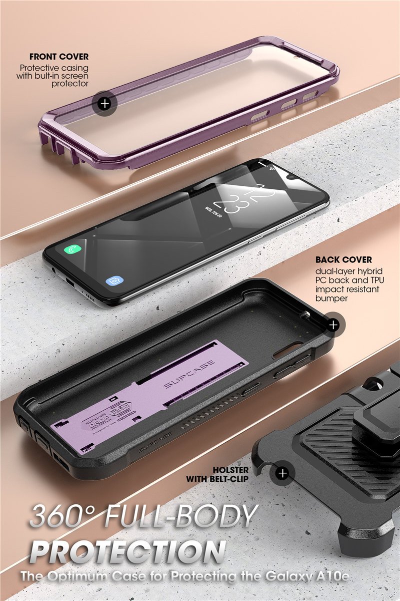 Samsung Galaxy A10e UB Pro Full-Body Rugged Holster Case with built-in screen protector and kickstand in various colors.