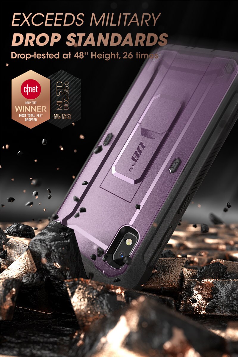 Samsung Galaxy A10e UB Pro Full-Body Rugged Holster Case with built-in screen protector and kickstand in various colors.