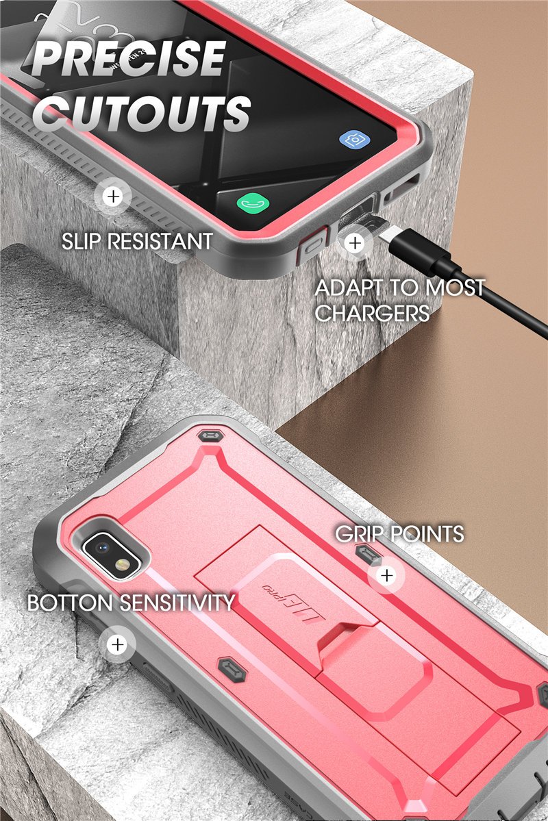 Samsung Galaxy A10e UB Pro Full-Body Rugged Holster Case with built-in screen protector and kickstand in various colors.