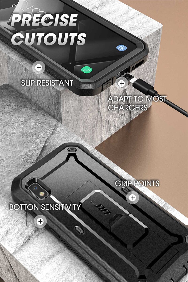 Samsung Galaxy A10e UB Pro Full-Body Rugged Holster Case with built-in screen protector and kickstand in various colors.