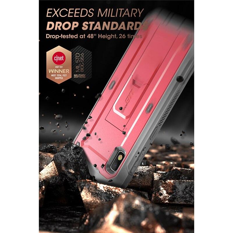 Samsung Galaxy A10e UB Pro Full-Body Rugged Holster Case with built-in screen protector and kickstand in various colors.