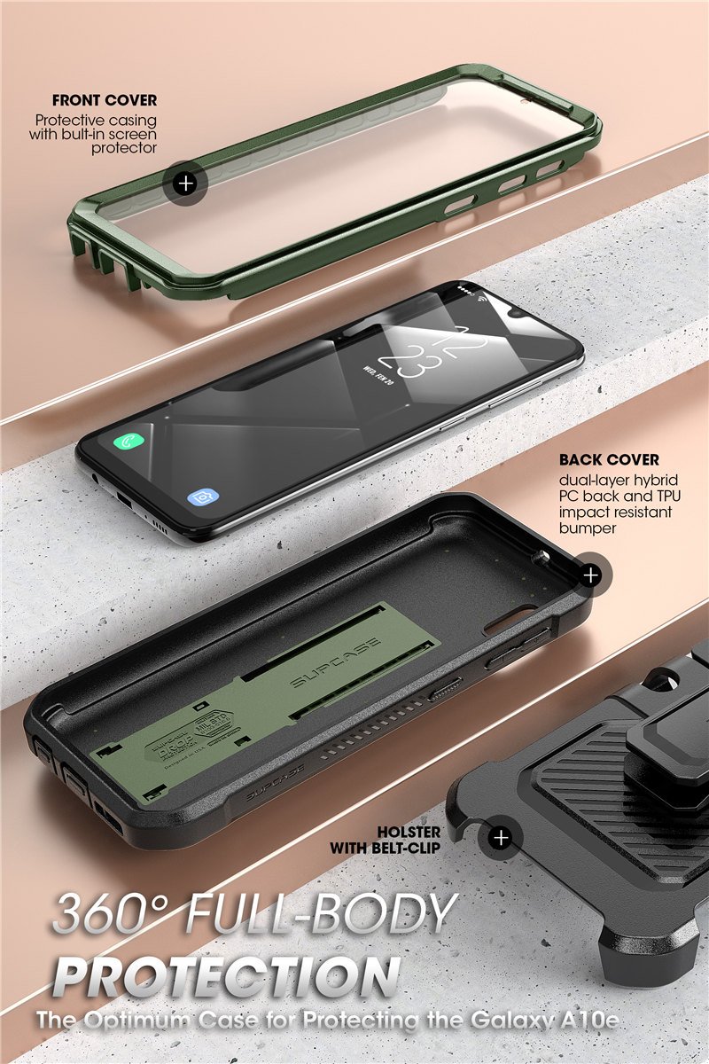 Samsung Galaxy A10e UB Pro Full-Body Rugged Holster Case with built-in screen protector and kickstand in various colors.