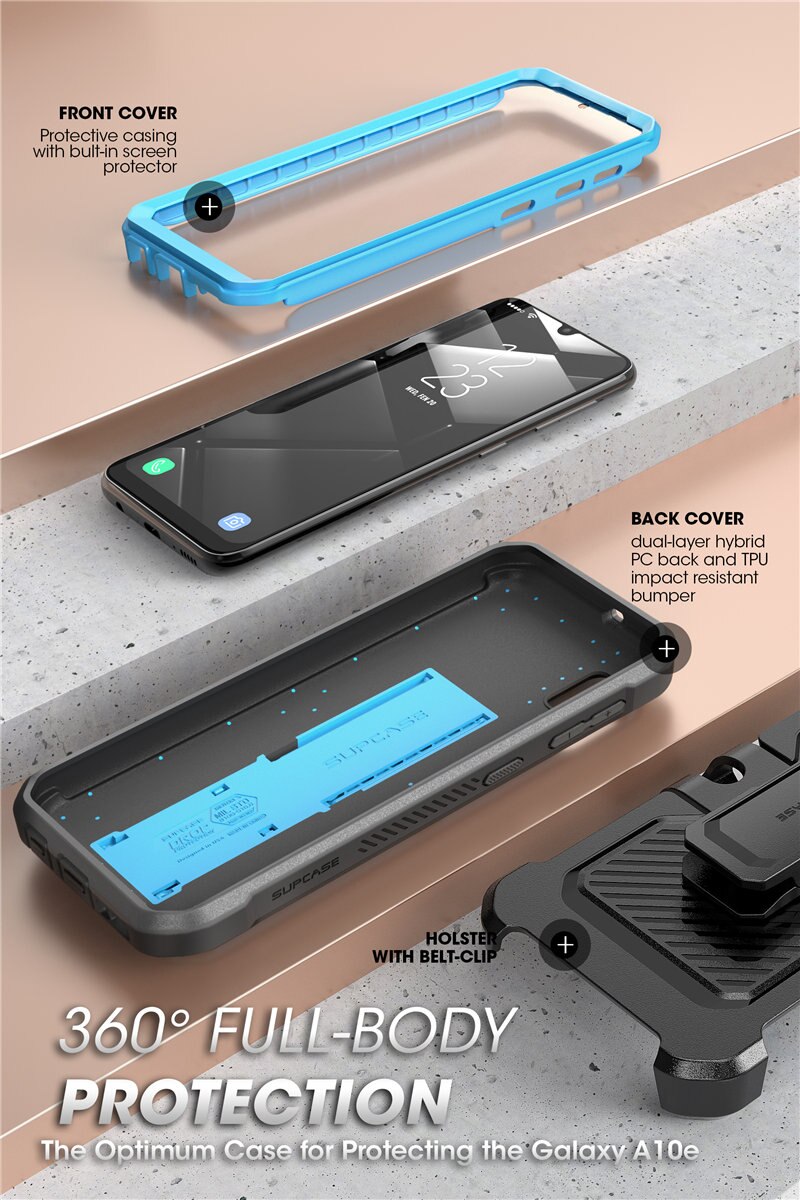 Samsung Galaxy A10e UB Pro Full-Body Rugged Holster Case with built-in screen protector and kickstand in various colors.