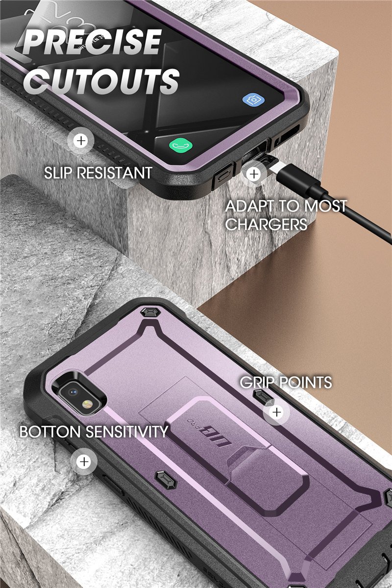 Samsung Galaxy A10e UB Pro Full-Body Rugged Holster Case with built-in screen protector and kickstand in various colors.