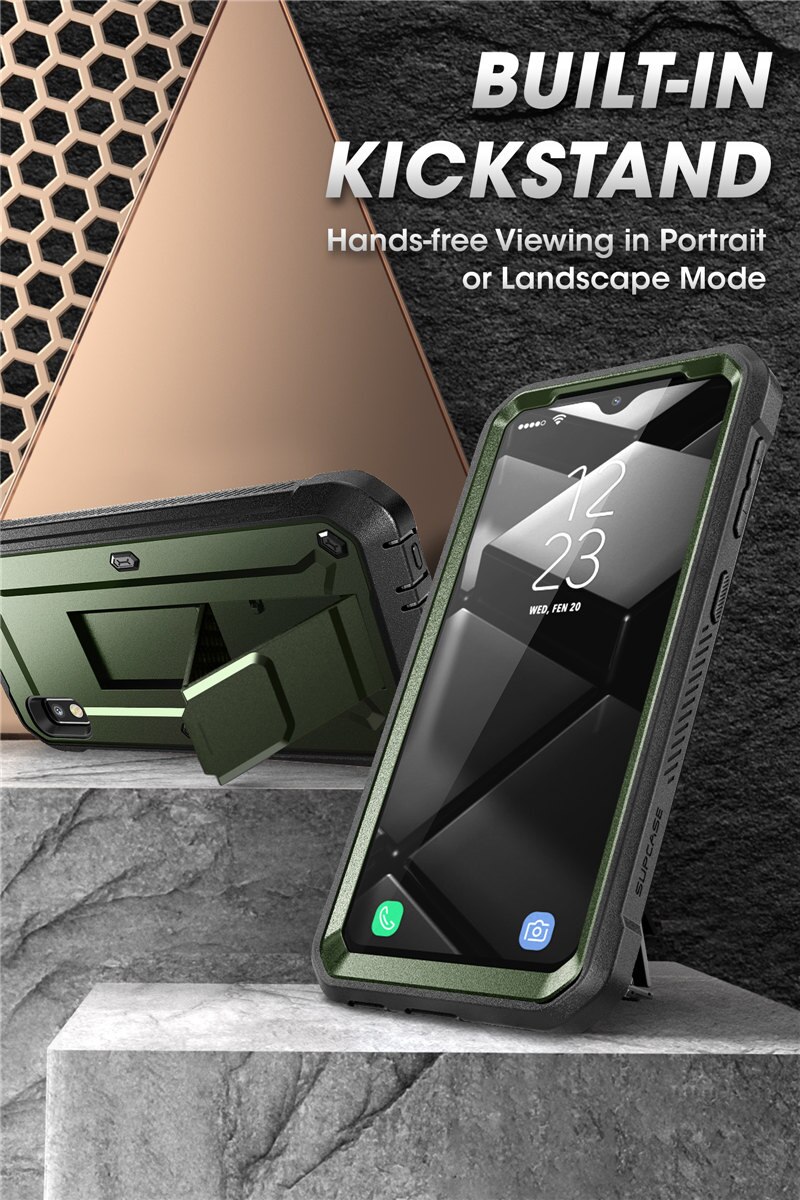 Samsung Galaxy A10e UB Pro Full-Body Rugged Holster Case with built-in screen protector and kickstand in various colors.