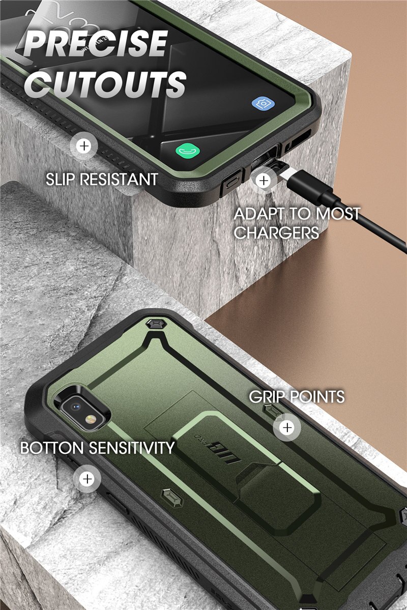 Samsung Galaxy A10e UB Pro Full-Body Rugged Holster Case with built-in screen protector and kickstand in various colors.