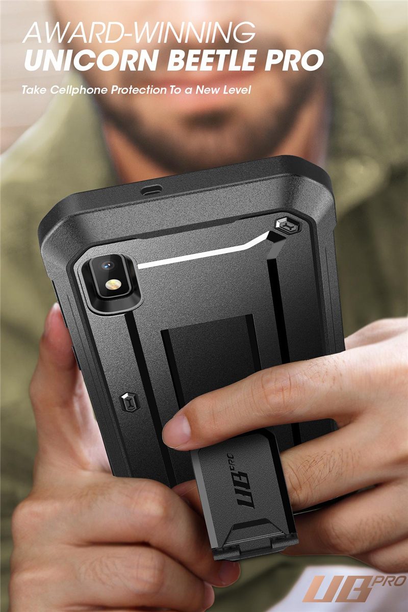 Samsung Galaxy A10e UB Pro Full-Body Rugged Holster Case with built-in screen protector and kickstand in various colors.