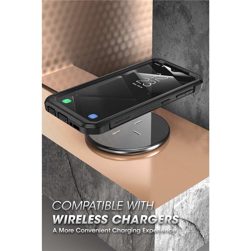 Samsung Galaxy A10e UB Pro Full-Body Rugged Holster Case with built-in screen protector and kickstand in various colors.