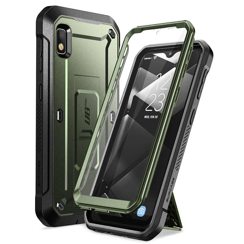 Samsung Galaxy A10e UB Pro Full-Body Rugged Holster Case with built-in screen protector and kickstand in various colors.