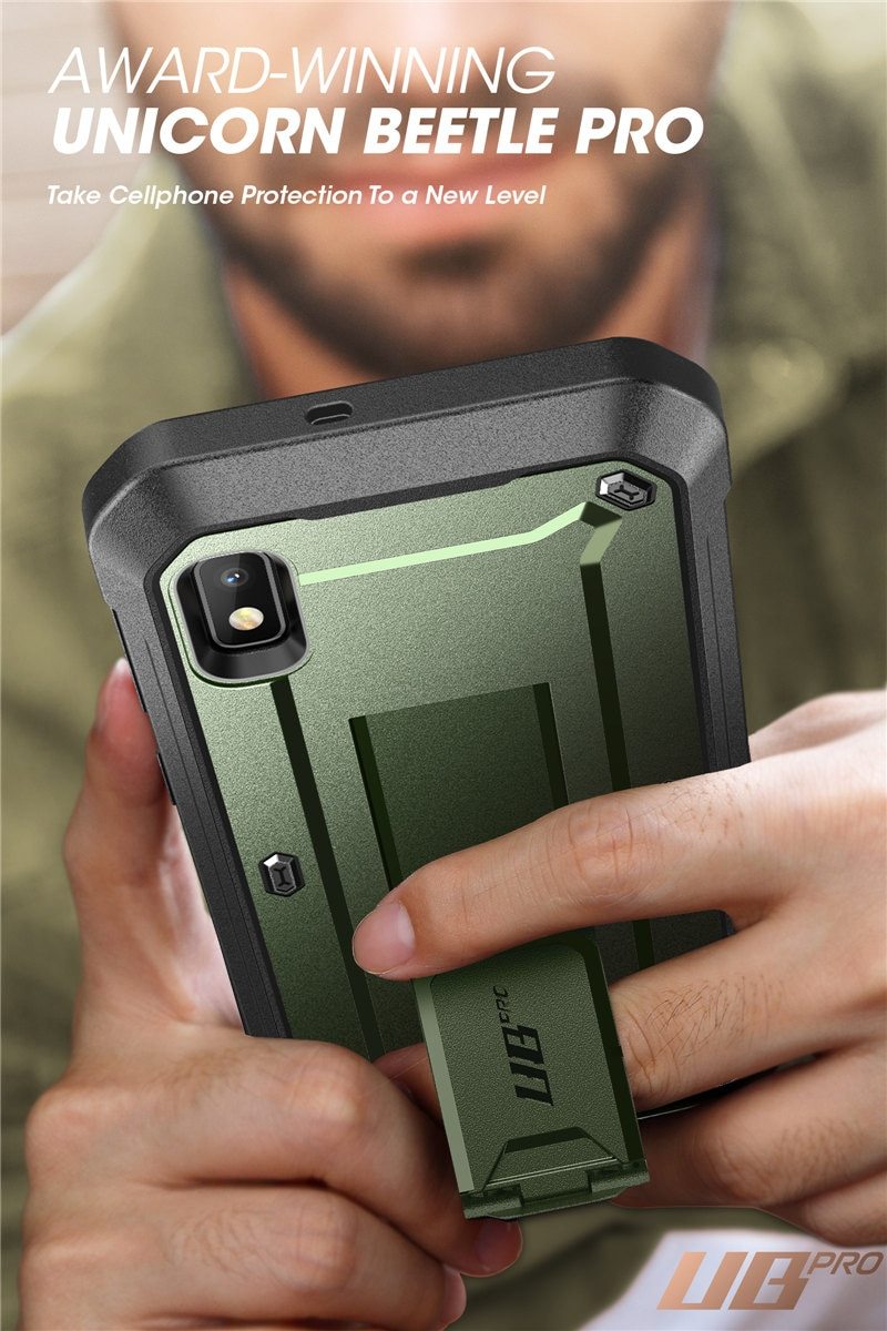Samsung Galaxy A10e UB Pro Full-Body Rugged Holster Case with built-in screen protector and kickstand in various colors.