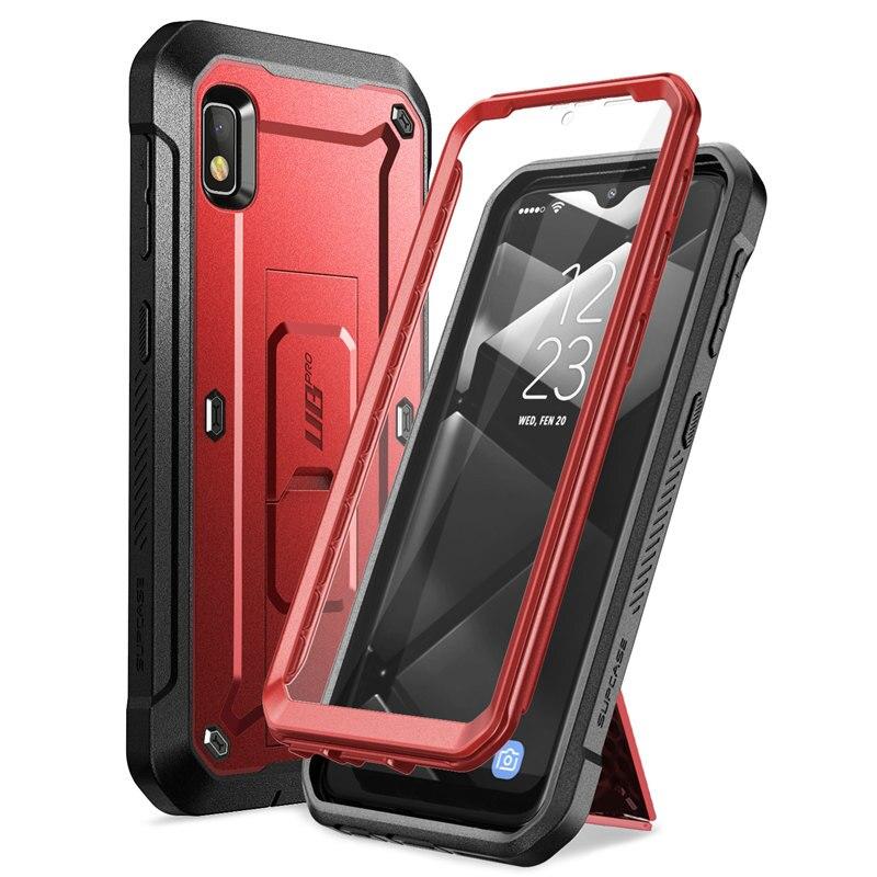 Samsung Galaxy A10e UB Pro Full-Body Rugged Holster Case with built-in screen protector and kickstand in various colors.