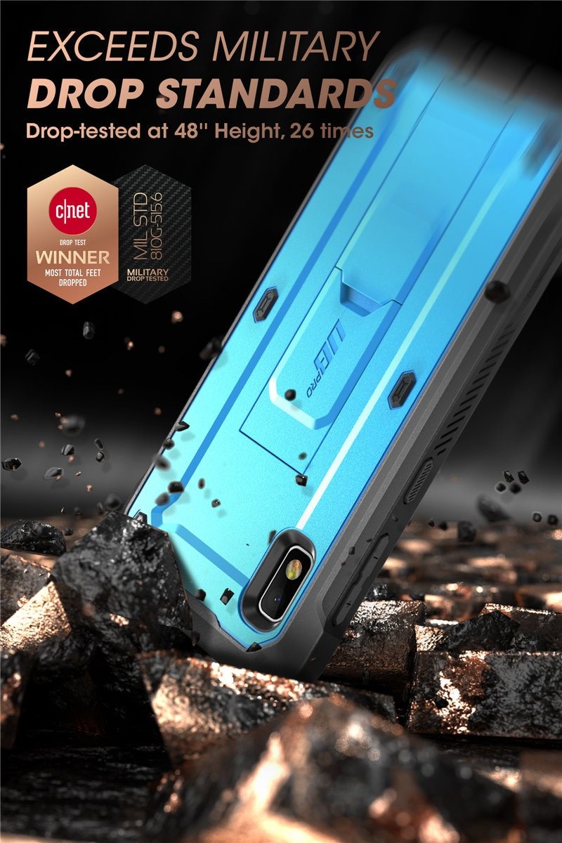 Samsung Galaxy A10e UB Pro Full-Body Rugged Holster Case with built-in screen protector and kickstand in various colors.