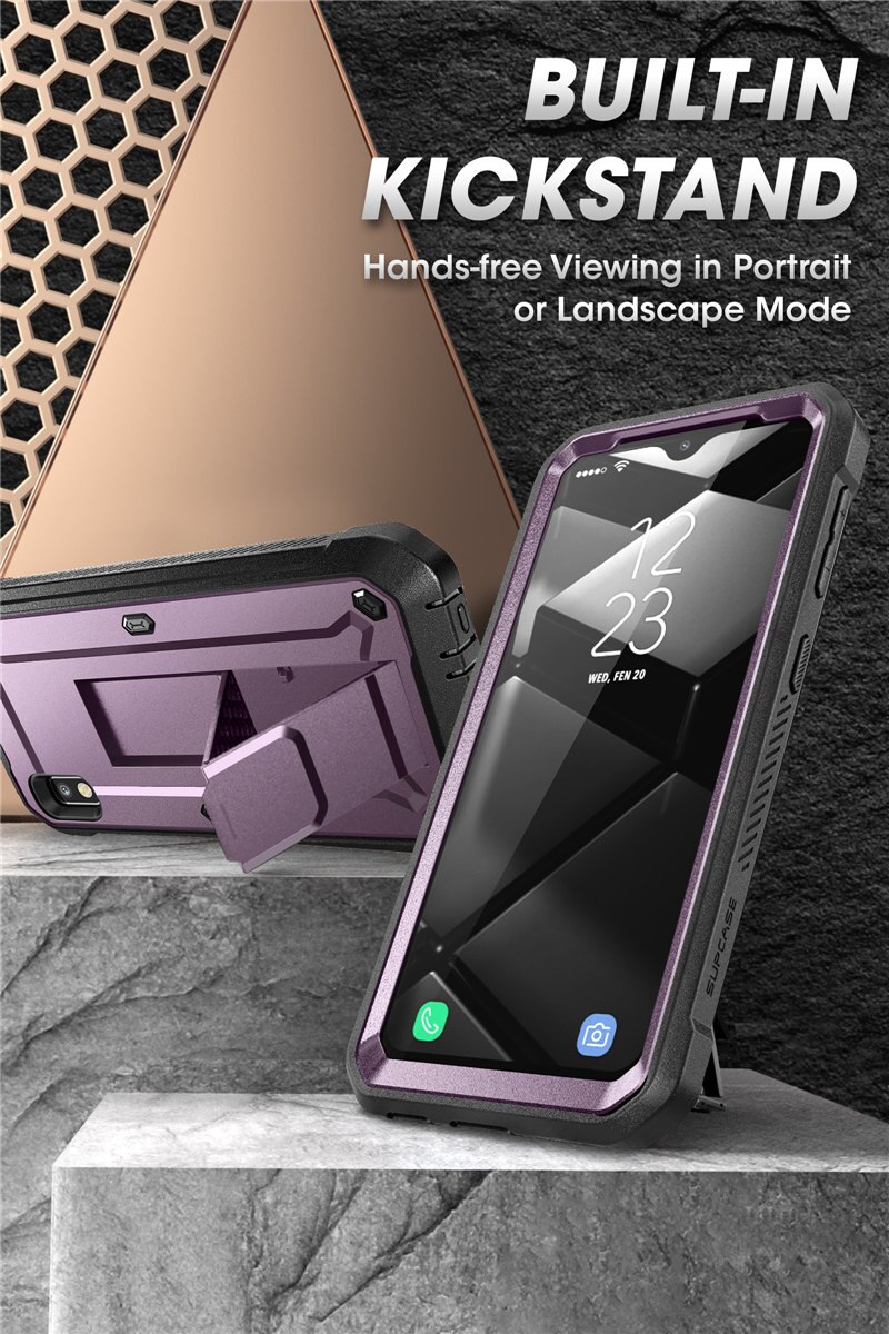 Samsung Galaxy A10e UB Pro Full-Body Rugged Holster Case with built-in screen protector and kickstand in various colors.