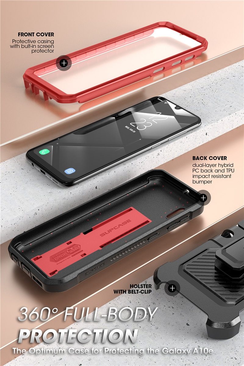 Samsung Galaxy A10e UB Pro Full-Body Rugged Holster Case with built-in screen protector and kickstand in various colors.