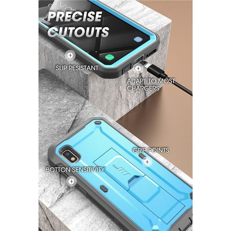 Samsung Galaxy A10e UB Pro Full-Body Rugged Holster Case with built-in screen protector and kickstand in various colors.