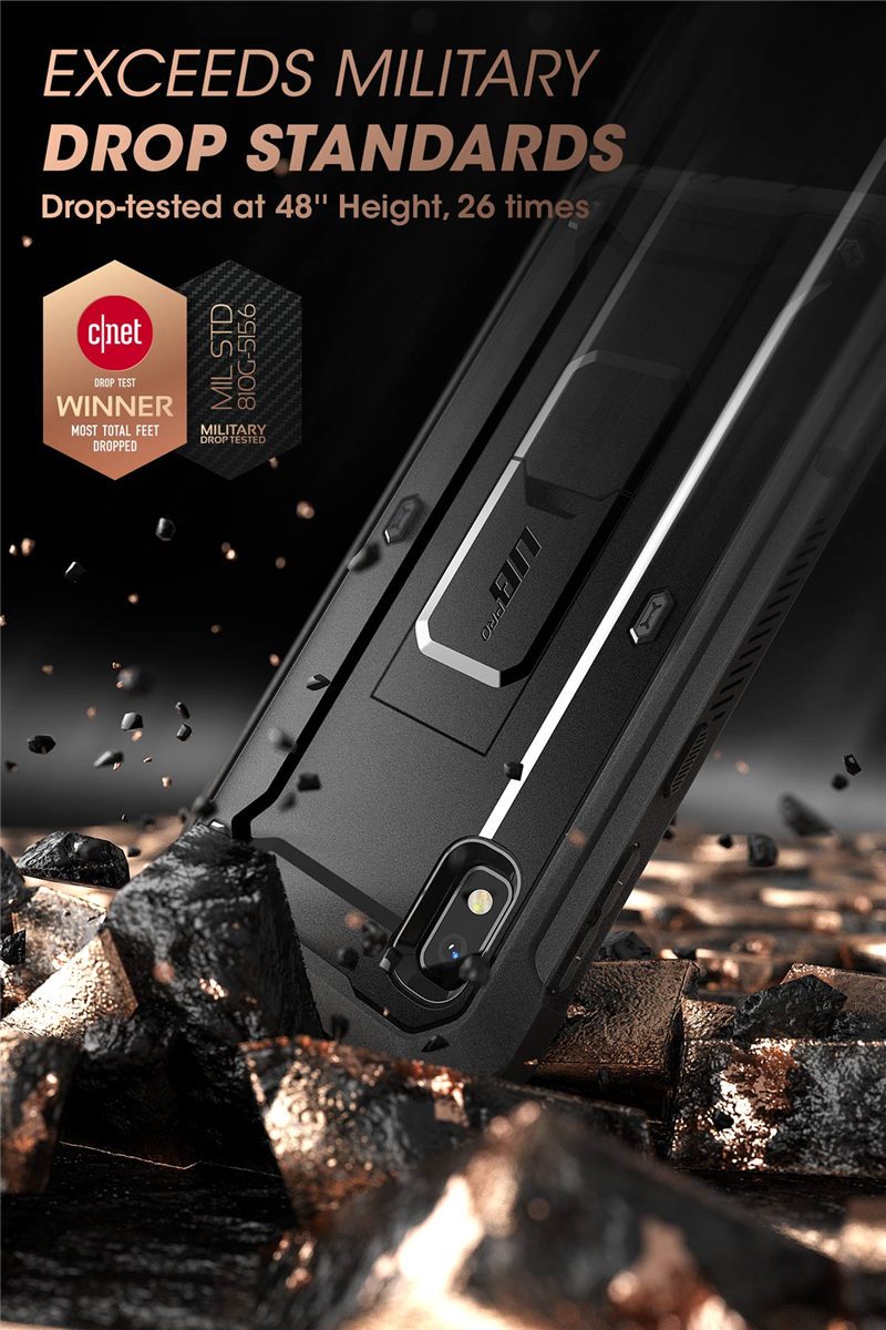 Samsung Galaxy A10e UB Pro Full-Body Rugged Holster Case with built-in screen protector and kickstand in various colors.