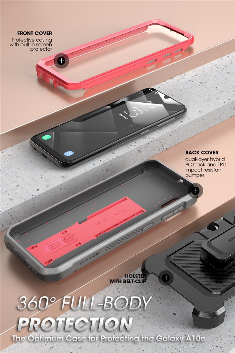 Samsung Galaxy A10e UB Pro Full-Body Rugged Holster Case with built-in screen protector and kickstand in various colors.