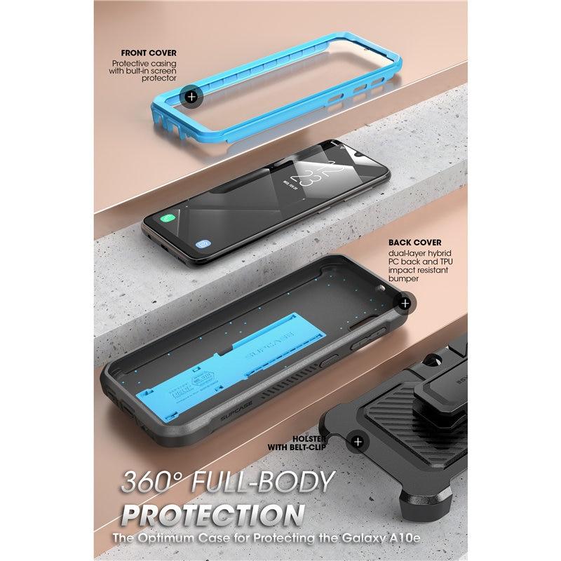 Samsung Galaxy A10e UB Pro Full-Body Rugged Holster Case with built-in screen protector and kickstand in various colors.