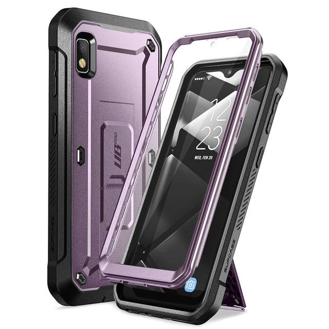 Samsung Galaxy A10e UB Pro Full-Body Rugged Holster Case with built-in screen protector and kickstand in various colors.