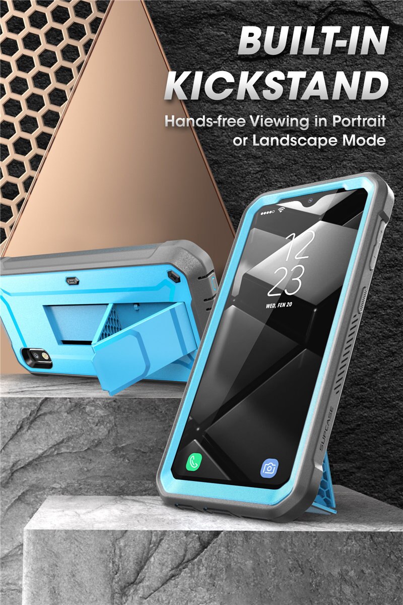 Samsung Galaxy A10e UB Pro Full-Body Rugged Holster Case with built-in screen protector and kickstand in various colors.
