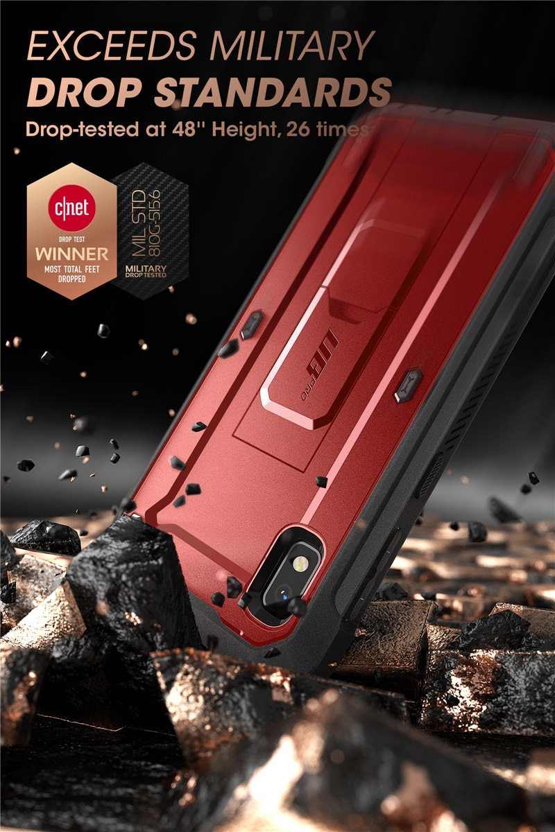 Samsung Galaxy A10e UB Pro Full-Body Rugged Holster Case with built-in screen protector and kickstand in various colors.