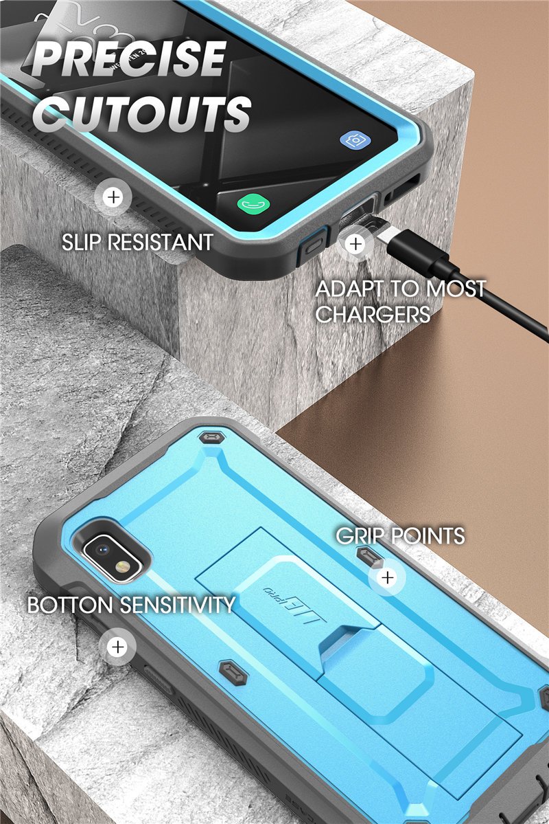 Samsung Galaxy A10e UB Pro Full-Body Rugged Holster Case with built-in screen protector and kickstand in various colors.