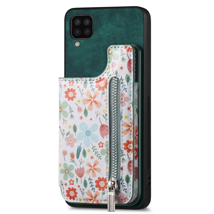 Retro painted zipper wallet case for Samsung Galaxy A12 5G, showcasing its stylish design and functional features.