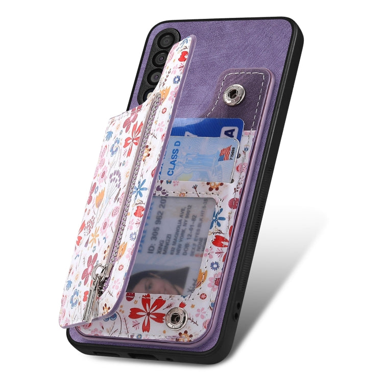 Retro painted zipper wallet case for Samsung Galaxy A13 4G, showcasing its stylish design and functional features.