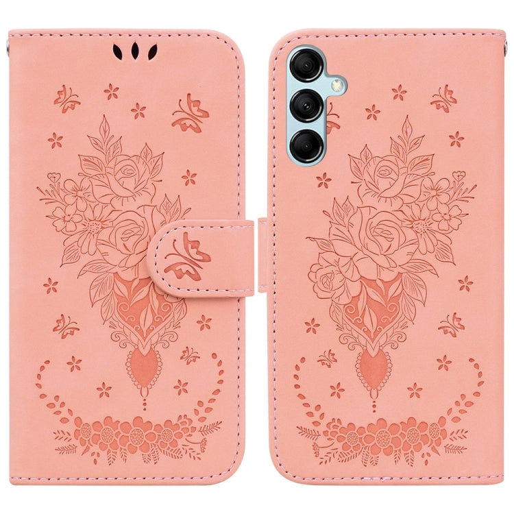 Butterfly Rose Embossed Leather Phone Case for Samsung Galaxy A15, showcasing its elegant design and practical features.