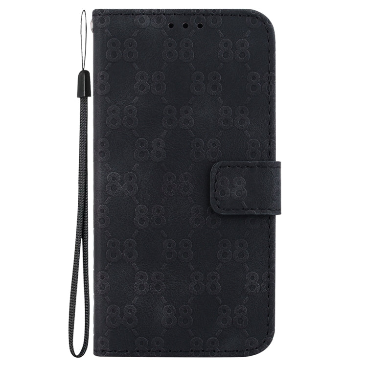 Stylish double 8-shaped embossed leather phone case for Samsung Galaxy A15, featuring card slots and a kickstand.