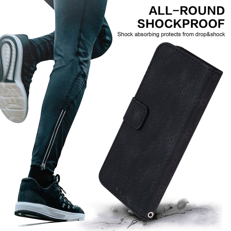 Stylish double 8-shaped embossed leather phone case for Samsung Galaxy A15, featuring card slots and a kickstand.