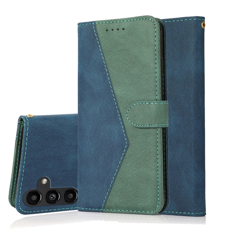 Dual-color stitching leather phone case for Samsung Galaxy A15 in blue, featuring card slots and a kickstand.