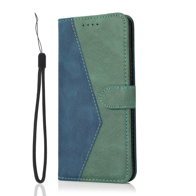 Dual-color stitching leather phone case for Samsung Galaxy A15 in blue, featuring card slots and a kickstand.