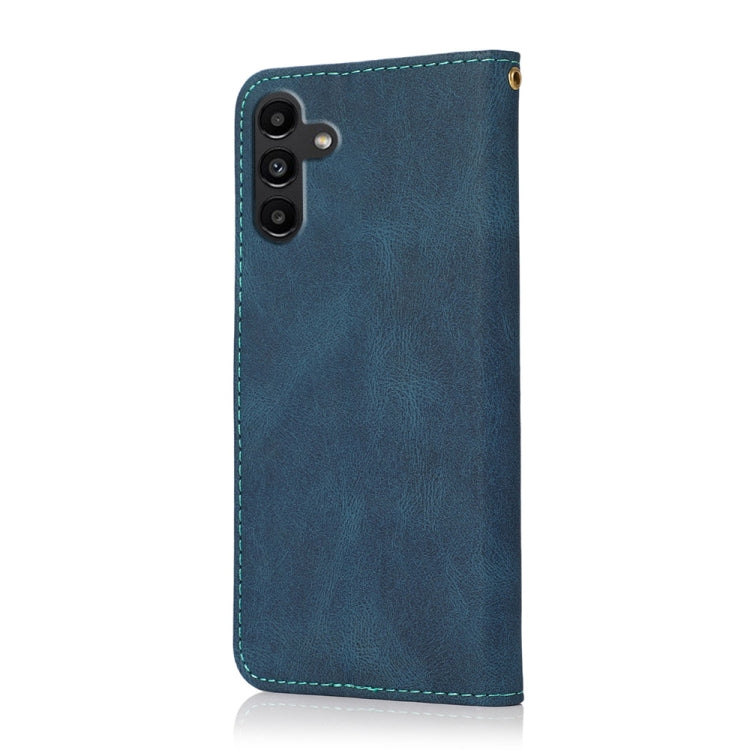 Dual-color stitching leather phone case for Samsung Galaxy A15 in blue, featuring card slots and a kickstand.