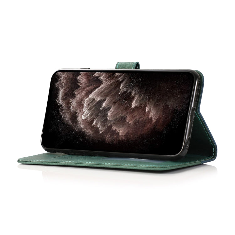 Dual-color stitching leather phone case for Samsung Galaxy A15 in blue, featuring card slots and a kickstand.