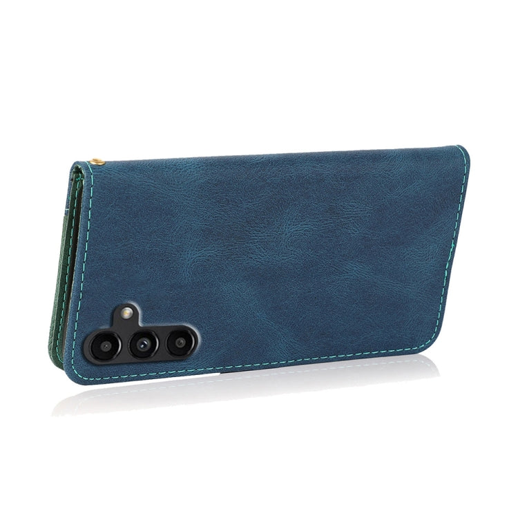 Dual-color stitching leather phone case for Samsung Galaxy A15 in blue, featuring card slots and a kickstand.