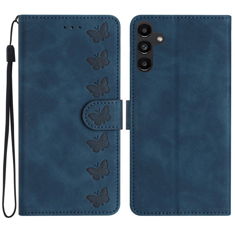 Stylish Seven Butterflies embossed leather phone case for Samsung Galaxy A15, showcasing its elegant design and functional features.