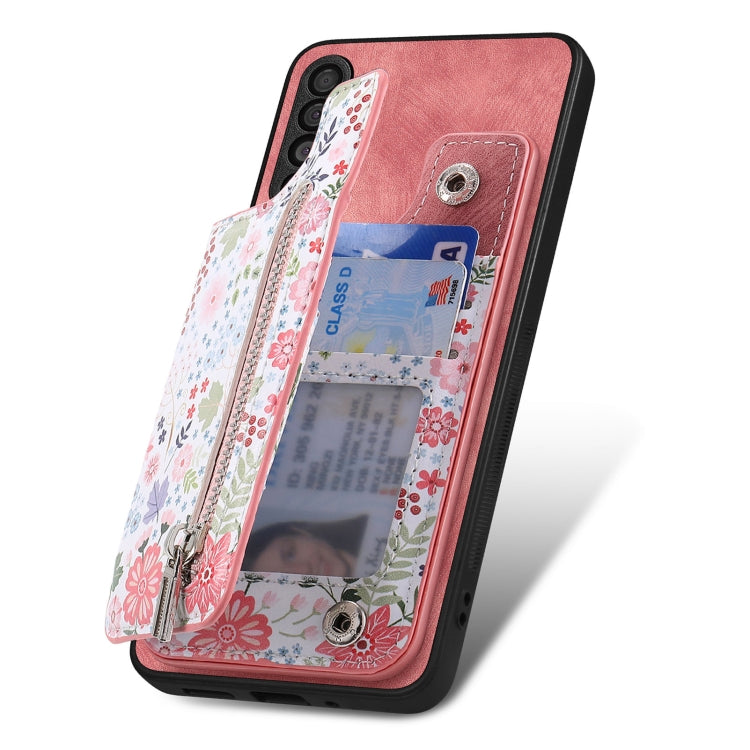 Samsung Galaxy A21S Retro Painted Zipper Wallet Case showcasing its stylish design and functional features.
