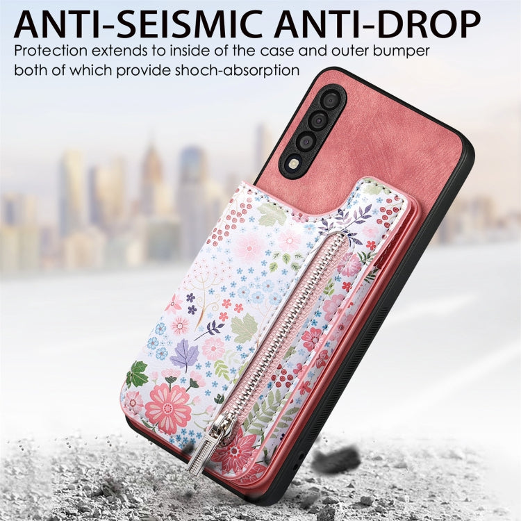 Samsung Galaxy A21S Retro Painted Zipper Wallet Case showcasing its stylish design and functional features.